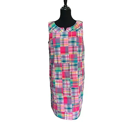 Talbots Madras Patchwork Shift Dress Sz 12 Sleeveless Lined Multicolor Pockets • $28