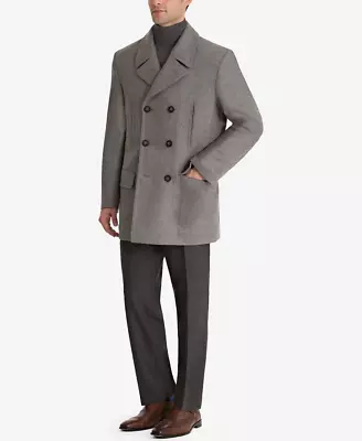 Men's Wool Double Breasted Pea Coat Jacket Military Grey • $74.99