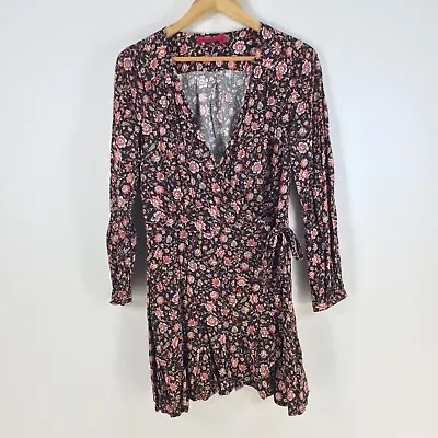 Tigerlily Womens Wrap Dress Size 12 Black Floral Long Sleeve Rayon 077450 • $39.95