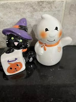 Vintage Halloween Salt And Pepper Shakers Ghost And Black Cat With Hat  • $9