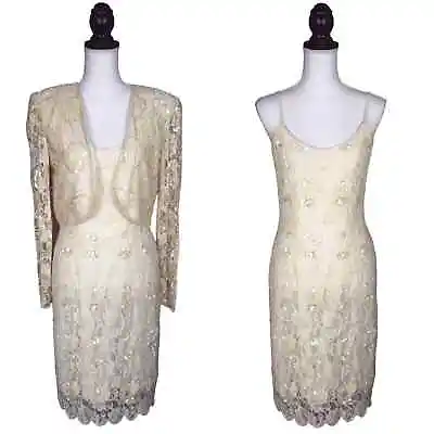 Vintage Ivory Sequin Beaded Formal Cocktail Dress & Jacket By JRT Size 6/8 • $56.25