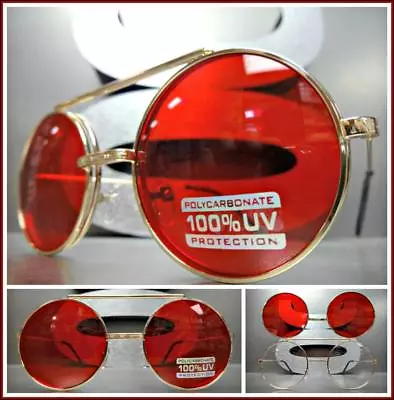 Classic Vintage 60's Retro Style Round Flip Up SUN GLASSES Gold Frame Red Lens • $14.99