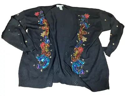 Vintage Womens Black Beaded Cardigan Sweater  Jacket With Beads L • $17.77