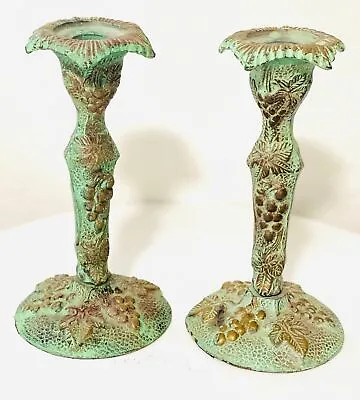 Set Of 2 Casted Brass Grapevine Candle Holders In Brass And Tarnish Green • £15.41