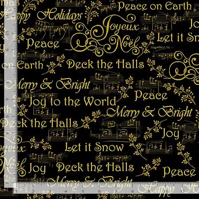 Christmas Fabric | Deck The Hall Music & Word Black | Timeless Treasures YARD • $10.98