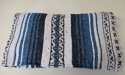 Mexican Blanket Throw Rug Blue Woven Stripe Picnic Festival Camping M98 • £22