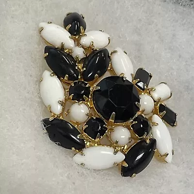 Vintage Designer Unsigned Gold Tone White Black Milk Glass Rhinestone Brooch • $19.99