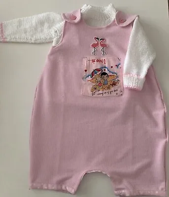 Hand Knitted Jumper & Soft Jersey Pink Baby Romper Set New Size 10-18 Mths • £11.20