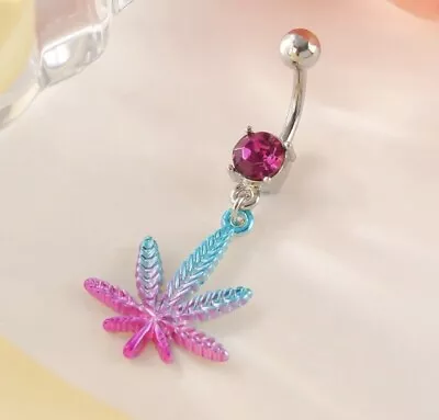 Cannabis Leaf Belly Bar / Belly Ring- Pink And Blue Body Piercing Jewellery • £9.99