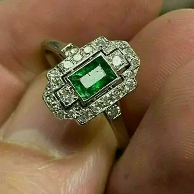 Antique Style Vintage Wedding Ring 14K White Gold Plated 2Ct Emerald Lab-created • £97