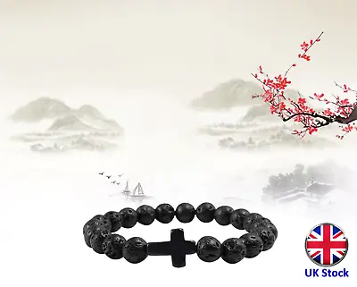 Unisex Lava Jesus Cross Bracelet - Natural Matte Volcanic Stones - UK Stock • £6.99