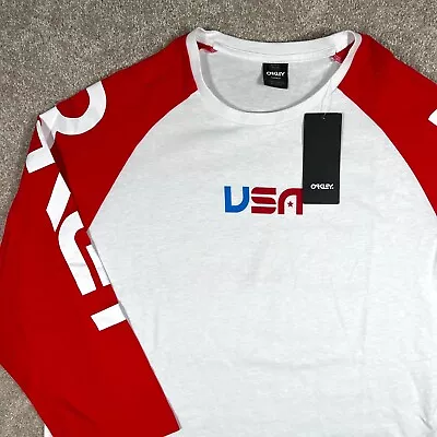 OAKLEY Americana Baseball Tee Men's White & Red 3/4 Sleeves NWT Raglan Size XL • $21.96