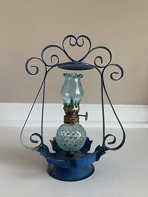 Vintage Miniature Blue Hobnail Glass & Metal Lantern 7.5” • $39.50