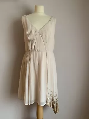 Oasis Size 12 Cream Nude Beige Chiffon Marilyn Monroe Dress Gold Sequins • £6.95