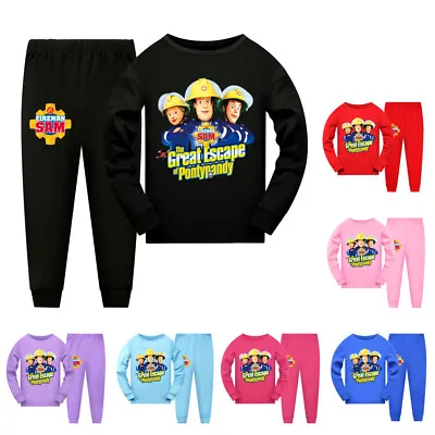 Kids Fireman Sam Long Sleeves T Shirt Top+Pants Pyjamas Nightwear PJ's Sets Xmas • $43.88
