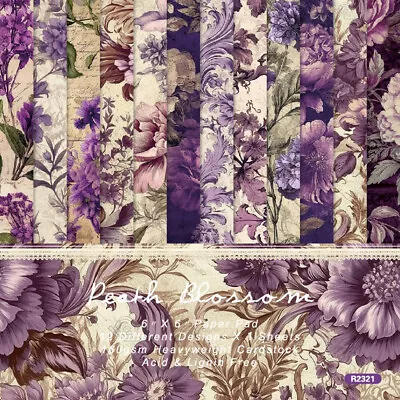 12X 6  Purple Peony Rose Flower Paper Pad Scrapbooking Card Making Junk Journal • £4.49