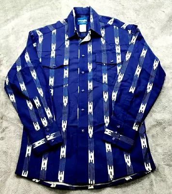 Wrangler Western Shirt Pearl Snap Southwestern Aztec Blue White Men's Size S VTG • $34