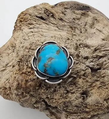 Vintage Bright Blue Morenci Turquoise Navajo Handmade Sterling Silver Ring Sz 7½ • $95