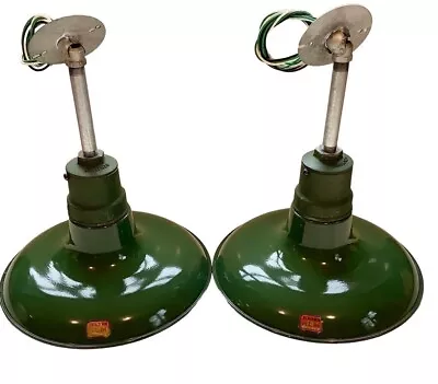 Pair BENJAMIN 14  Cast Iron Top Shallow Porcelain Industrial Green Vintage Light • $588