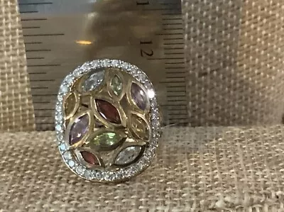 Gold Over Sterling Multi Gemstone & Diamond Surround Marquise Shape Inset Ring • $32