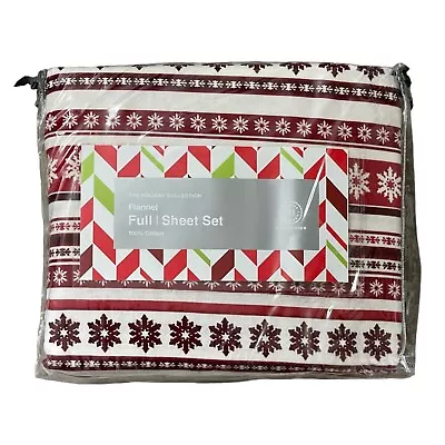 Martha Stewart Fair Isle Snowflakes Cotton Flannel FULL Sheet Set Red • $47.50