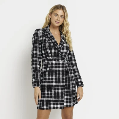 £12 • Buy River Island Womens Blazer Dress Black Check Boucle Collared Long Sleeves Mini
