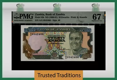 TT PK 32b ND (1989-91) ZAMBIA BANK OF ZAMBIA 20 KWACHA PMG 67 EPQ SUPERB GEM UNC • $12.99