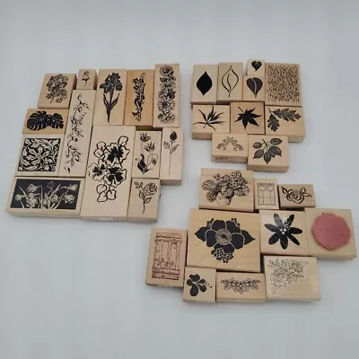 Lot Of 33 Wood Backed Rubber Stamps Botanical Flowers Plants Nature Rose Leaves • $20