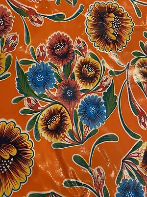 ORANGE Mexican OILCLOTH FLORAL VINYL TABLECLOTH-SIZED OUTDOOR DINING  47”x 79” • $16.99