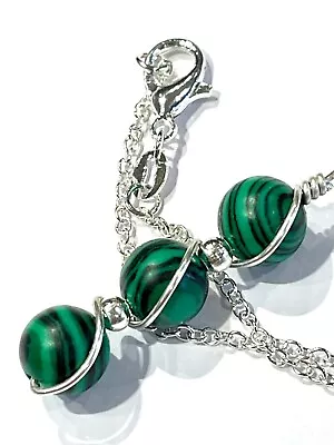 Green Gemstone Malachite PeaPod Trilogy Silver Wire 925 Silver Necklace • £18.99