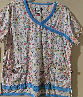 Mary Engelbreit Medical Pastel Scrub Top SS Pockets Dotted Swiss Cotton Size L • $9.98