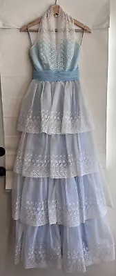 Vintage 50s 60s Embroidered Blue Tulle Tiered Cupcake Prom Dress XS • $150