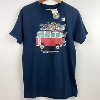 VW Volkswagen Bus Men’s Heading Nowhere Fast Camping Navy Blue Shirt Size M NWT! • $15.29