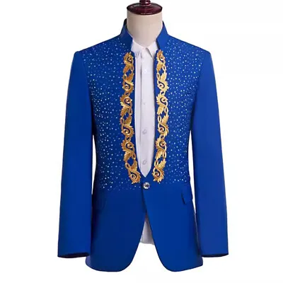 Men Embroidery Rhinestone Suit Blazer Jacket Coat One Button Business Party • $58.58