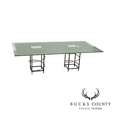 Pace Post Modern Sculptural Double Pedestal Base Glass Top Dining Table • $2995