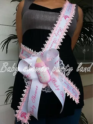 Welcome Baby Shower Mom To Be It's A Girl Sash Pink Bottle Ribbon And Corsage  • $16.99