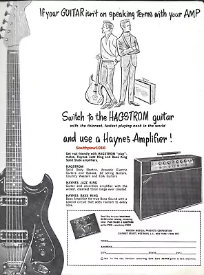 1966 Original Hagstrom Guitar & Haynes Amps Vintage Print Ad • $9.43