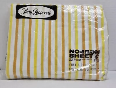 Vtg Lady Pepperell Full Fitted Sheet Stripe Yellow Muslin Cotton Blend No Iron • $49.95