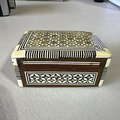 Egyptian Marquetry Wood Trinket Box Inlaid Mother Of Pearl Hinged Lid Jewelry • $12