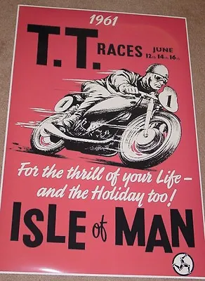 VINTAGE 1961 ISLE OF MAN TT RACES MOTORCYCLE RACING POSTER PRINT 24x16 9 MIL • $25.95