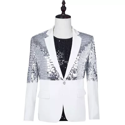 Men Sequin Notch Lapel Suit Coat Blazer Tuxedo Jacket Showman Costume Casual Top • $59.09