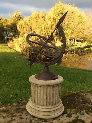 Stone Garden Large Iron Armillary Sundial/weathervane On Plinth Garden Ornament • £72