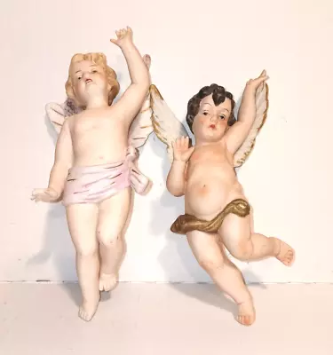 Vintage German Bisque Angel Ornaments Pair Porcelain Hanging Cherub Figures • $39.99