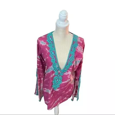 Monique Leshman Pink White Turquoise Beads V-Neck Long Sleeve Kaftan Tunic M NWT • $32