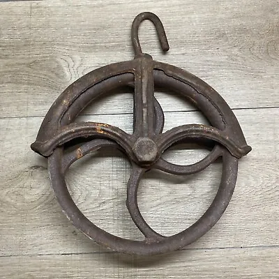 Vintage CAST IRON WELL PULLEY Rustic FARM WHEEL INDUSTRIAL 9” • $56.99