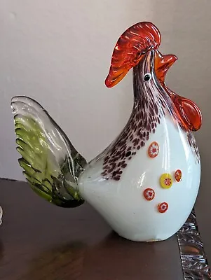 Murano Unique Hand Blown Art Glass Rooster Figurine Red White Green 8  Tall • $50