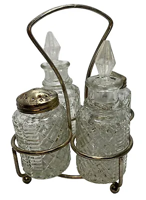Vintage Glass Condiment Caddy Salt Pepper Vinegar & Oil W/Lids Silver Plate • $14.99