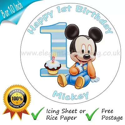 Baby Mickey Mouse 1st Birthday Cake Personalised Edible Round Cake Topper • £4.25