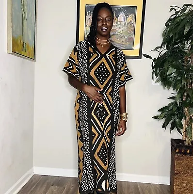 Vintage African Brown Black & Ivory  Authentic Mud-cloth Long Loose Fit Dress • $70