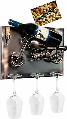 BRUBAKER Wine Bottle Holder 'Motorbike' - Wall Mountable With 3 Glass Holders • $39.99